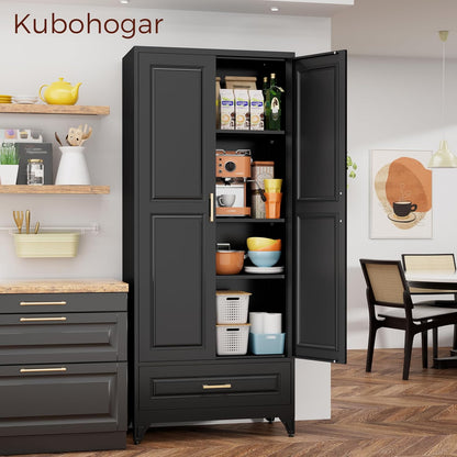 75" Kitchen Pantry Cabinet with Drawer, Metal Storage Cabinets with Doors and Adjustable Shelves