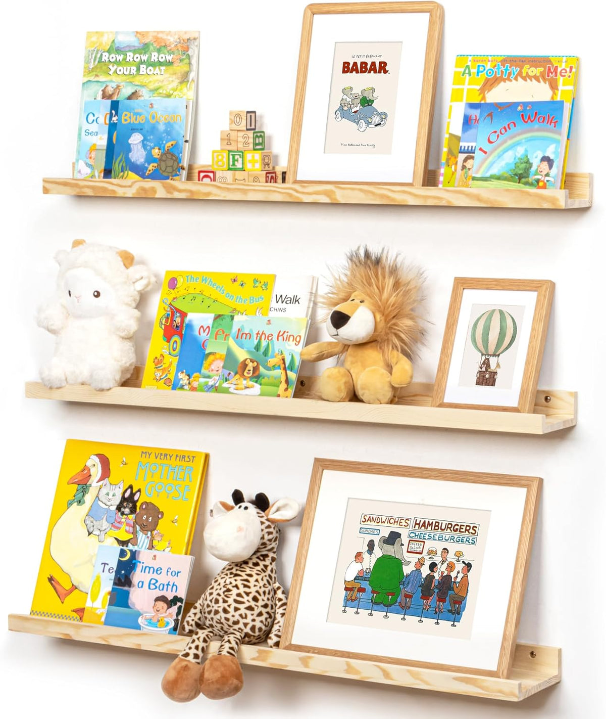 Picture Ledge Shelf for Wall, 36 inches Solid Pine Wood Nursery Book Shelves 3 Packs, Floating