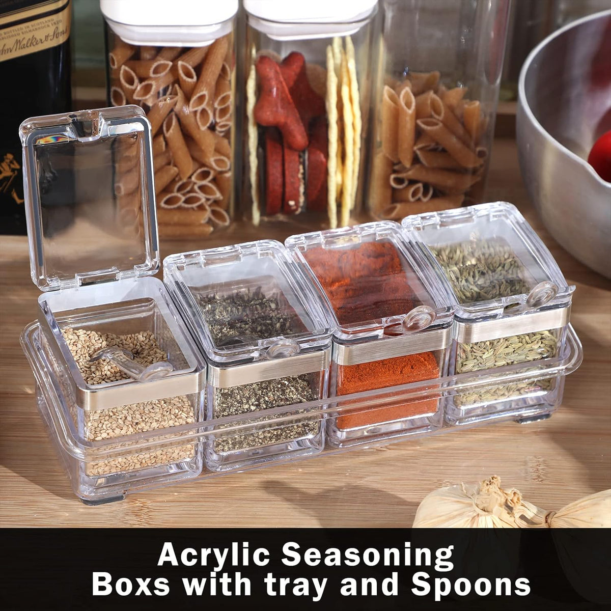 2 Set Acrylic Seasoning Organizer Box 8 Pcs Clear Seasoning Rack Spice Pots Condiments Containers