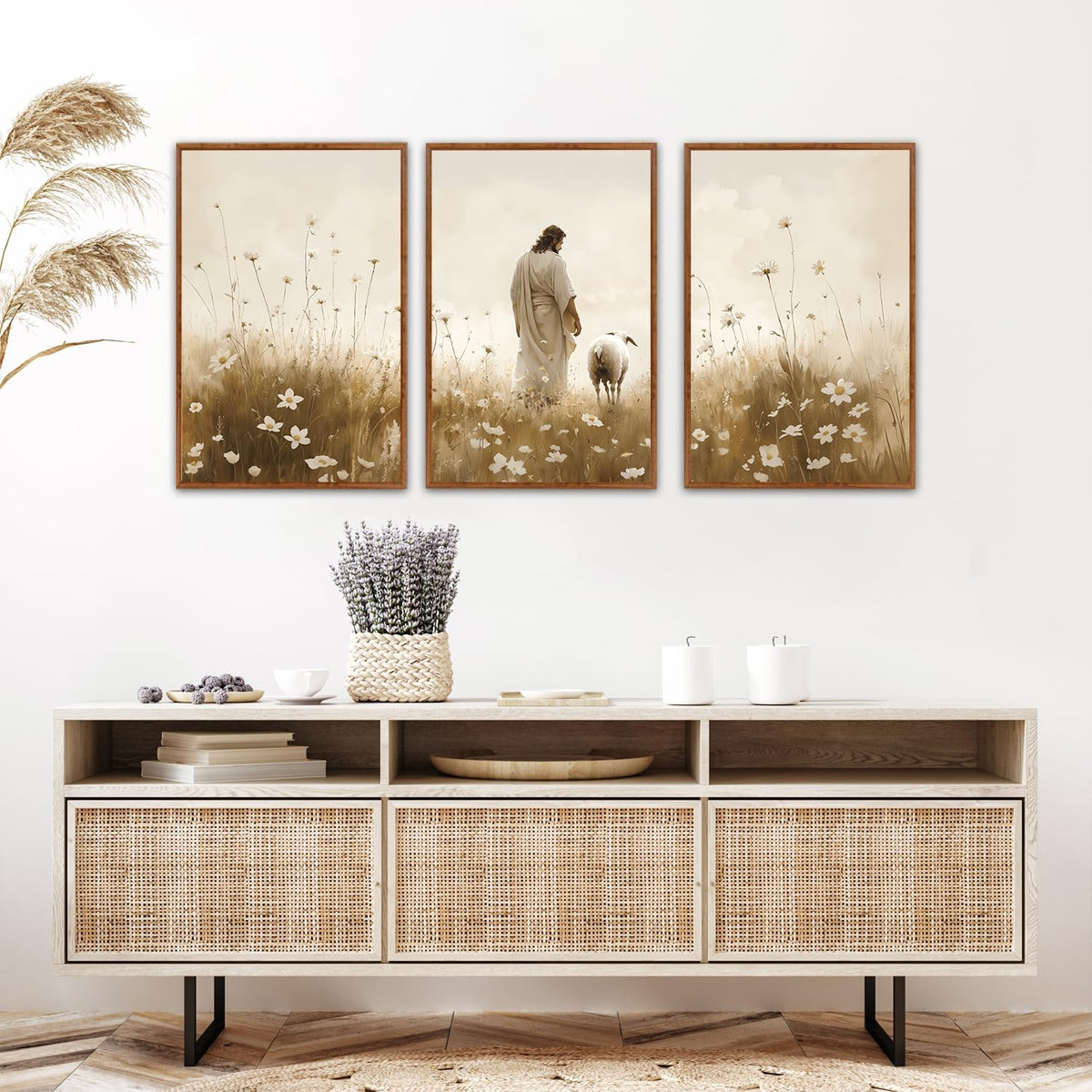KAIRNE Jesus Framed Canvas Wall Art,Lost Sheep Wall Decor Set of 3(16”X24”),Holy Christian Art