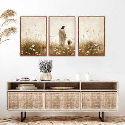 KAIRNE Jesus Framed Canvas Wall Art,Lost Sheep Wall Decor Set of 3(16”X24”),Holy Christian Art