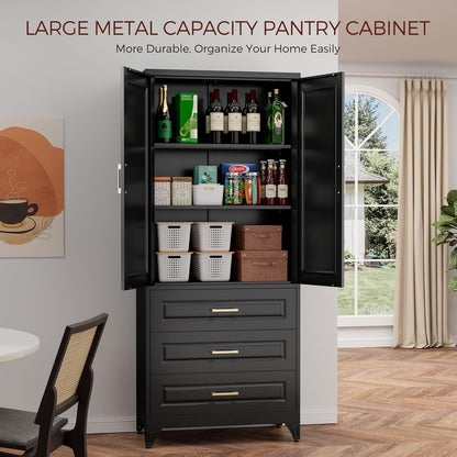 75" Kitchen Pantry Cabinet, Metal Storage Cabinets with Doors and Adjustable Shelves, Black Tall