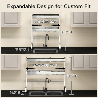 3 Tier Extra Large Stainless Steel Expandable Over The Sink Dish Drainer Drying Rack, Rust Proof