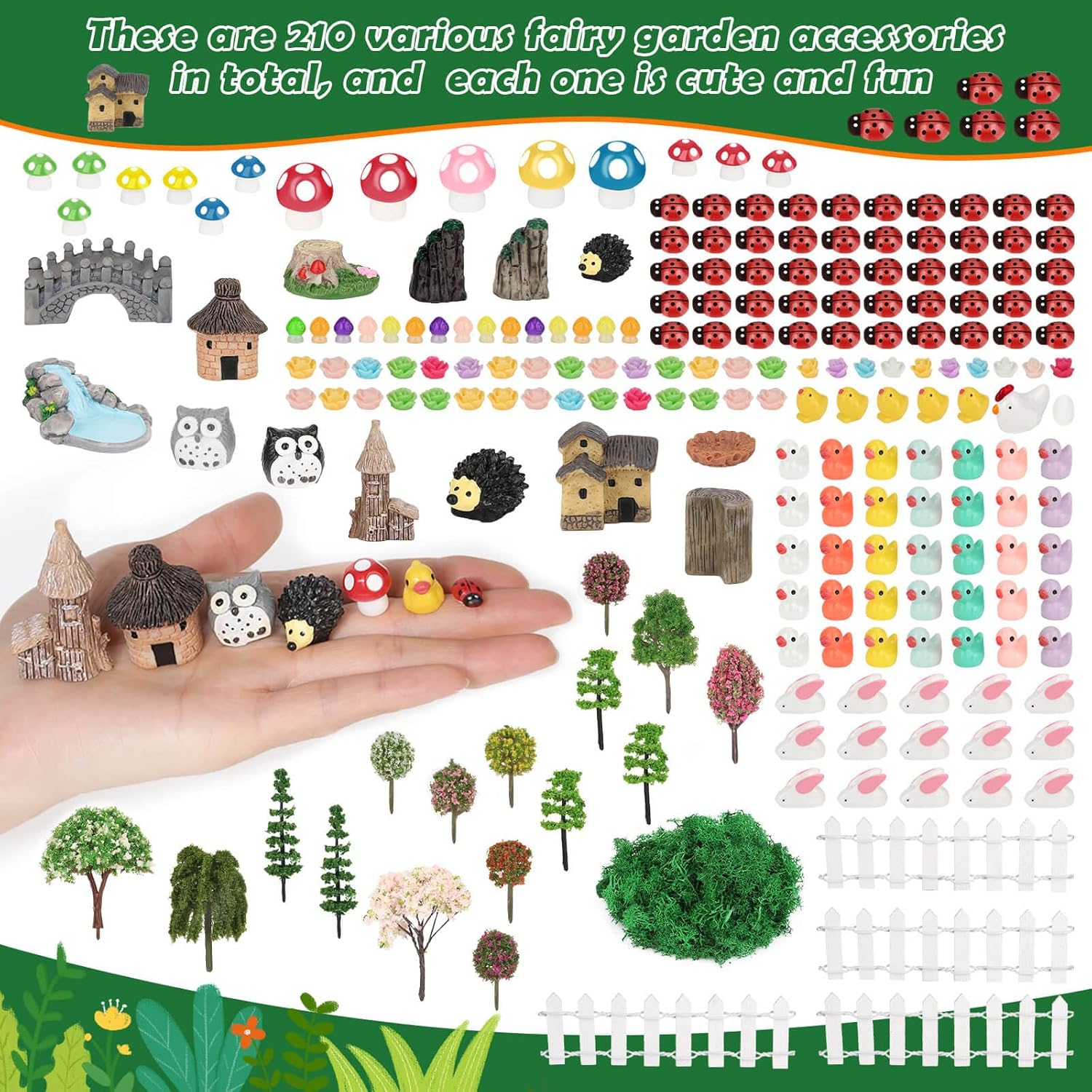 Thrilez 210 Pieces Miniature Fairy Garden Accessories, Including Resin Animals, Miniature
