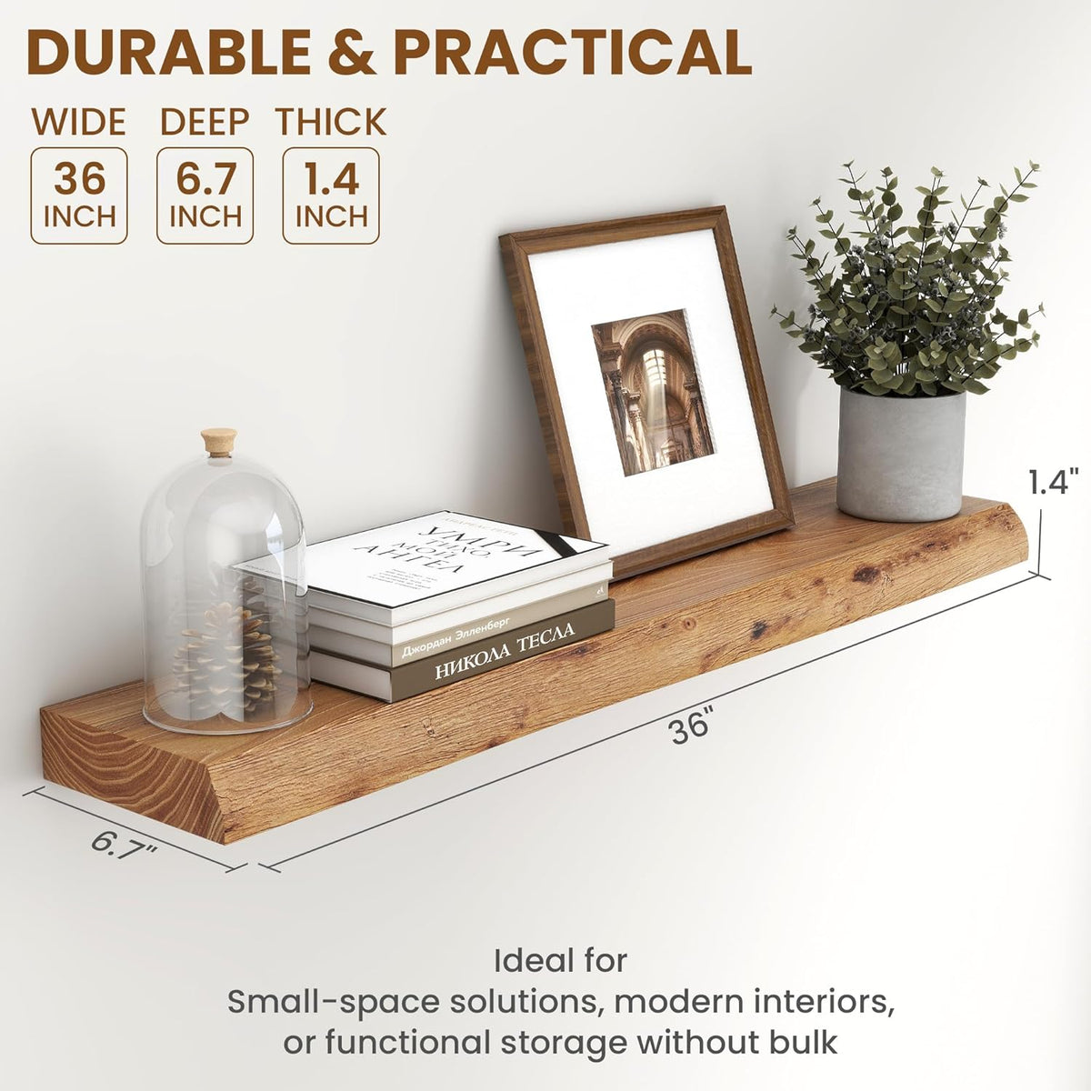 Solid Elm Wood Floating Shelves, 36 Inch Wood Floating Shelves for Wall, Live Edge Wooden Shelves