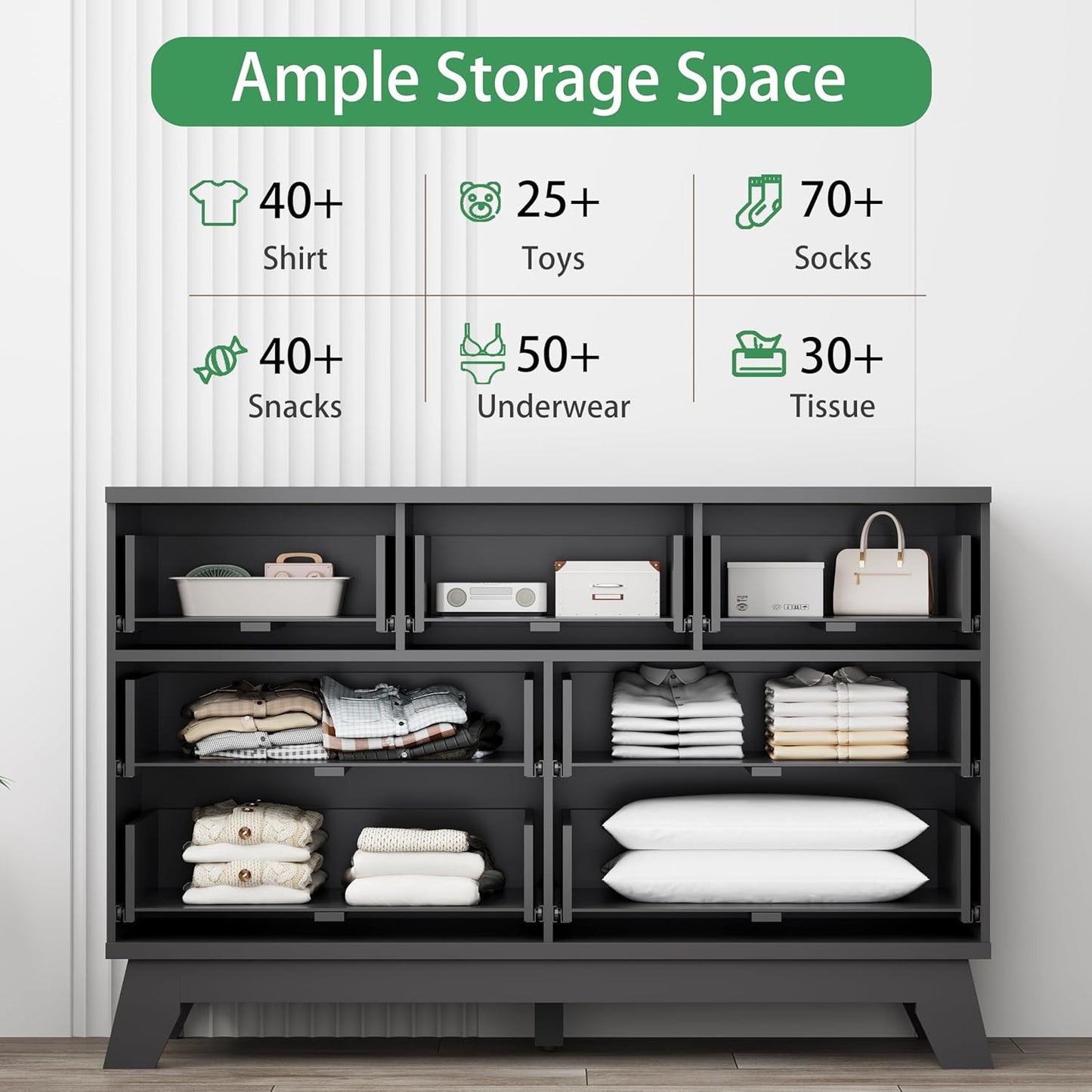 Fluted Dresser for Bedroom with 7 Drawers, 48" Wide Chest of Drawers with Metal Handle, Modern Wood
