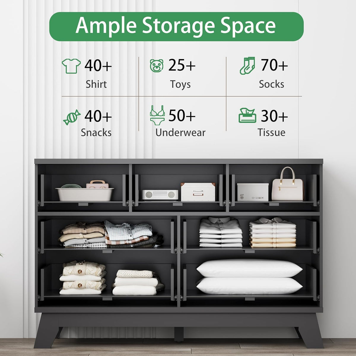 Fluted Dresser for Bedroom with 7 Drawers, 48" Wide Chest of Drawers with Metal Handle, Modern Wood