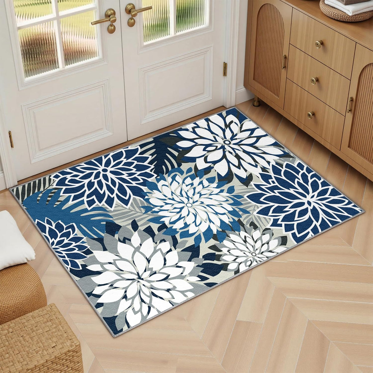 Area Rug 2x3 Blue White Washable Entry Small Rug Multicolored Tropical Botanical Modern Floral
