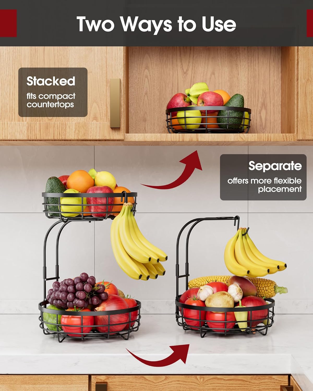 Fruit Basket for Kitchen Counter - 2-Tier Large Capacity Fruit Bowl with Detachable Banana Hanger