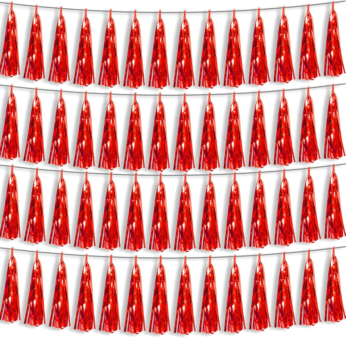 4P Red Foil Fringe Metallic Tassel Streamers Banner Tassel Garland for Parade Floats, Bachelorette