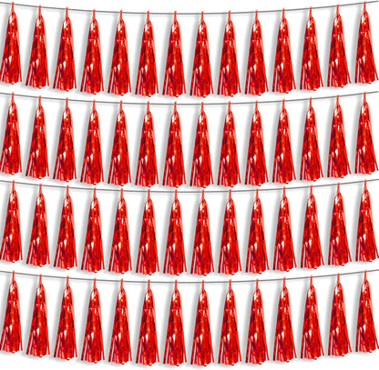4P Red Foil Fringe Metallic Tassel Streamers Banner Tassel Garland for Parade Floats, Bachelorette