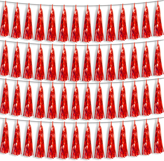 4P Red Foil Fringe Metallic Tassel Streamers Banner Tassel Garland for Parade Floats, Bachelorette