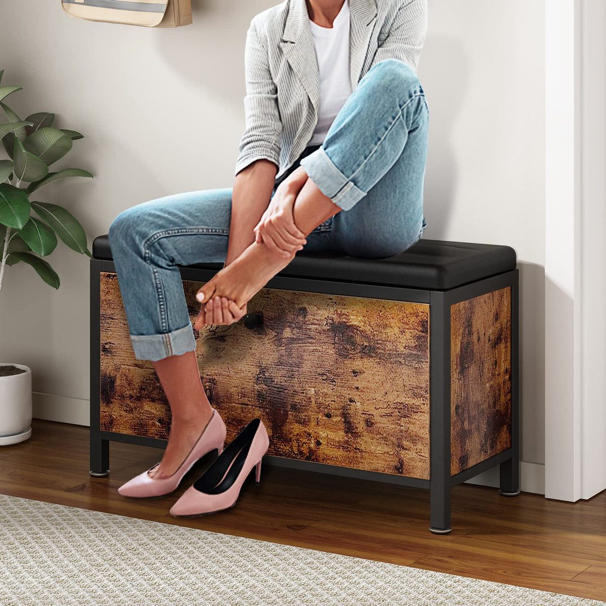 Mostmahes 8-10 Pairs Shoe Storage Bench with Hidden Shoe Rack, Entryway Bench Seat with Shoe
