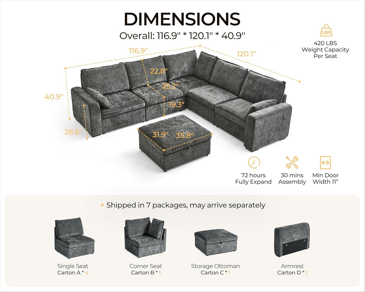 Oversized Modular Sofa Comfy Cloud Couch with Storage, Extra Deep Plush Sectional Sofa Set for