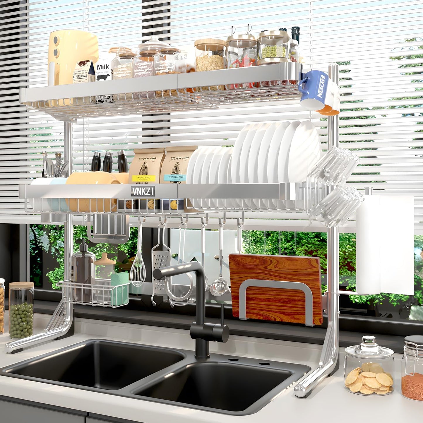 VNKZI Over Sink Dish Drying Rack, 3 Tier Full Stainless Steel Storage Adjustable Length (25.98'' to