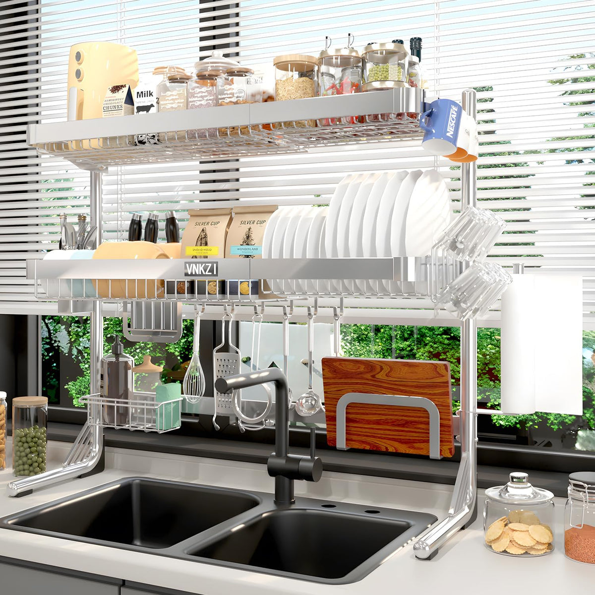 VNKZI Over Sink Dish Drying Rack, 3 Tier Full Stainless Steel Storage Adjustable Length (25.98'' to