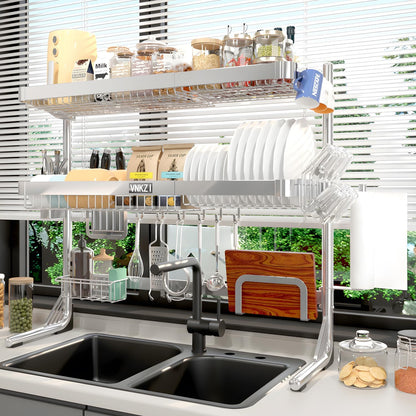 VNKZI Over Sink Dish Drying Rack, 3 Tier Full Stainless Steel Storage Adjustable Length (25.98'' to