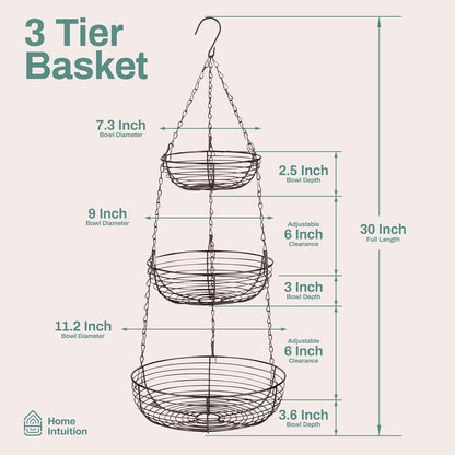 Home Intuition 3-Tier Hanging Fruit Produce Basket Heavy Duty Wire with 2 Metal Ceiling Hooks