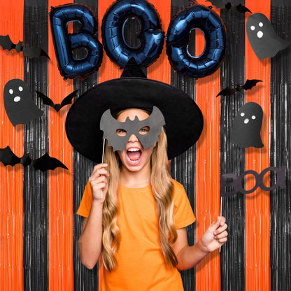 BRAVESHINE Tinsel Photo Backdrop Curtains - 2 Pack 3.2x8.2ft Black Orange Foil Fringe Streamer