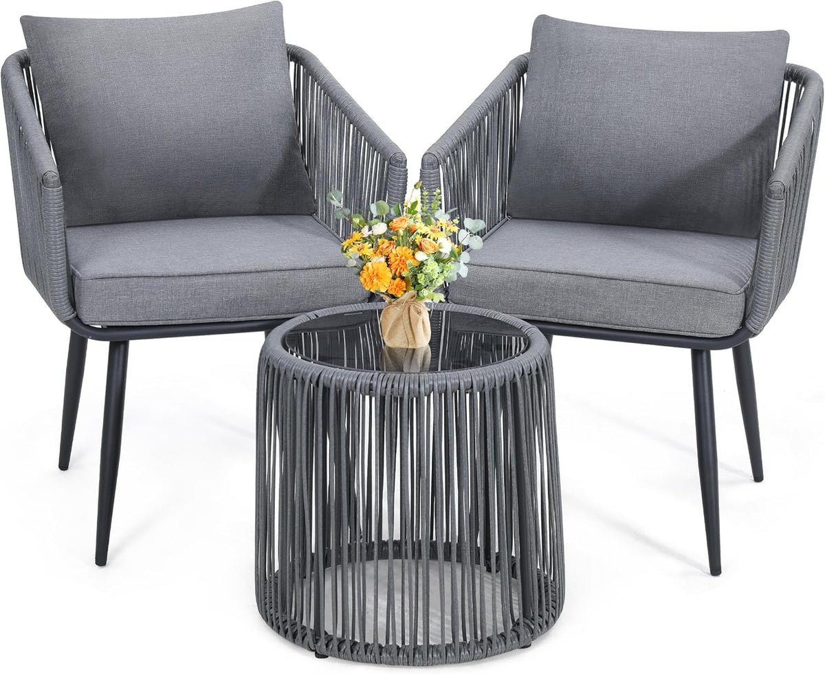 Kromax 3 Pieces Patio Rattan Bistro Conversation Set, Outdoor All-Weather Wicker Furniture Chairs