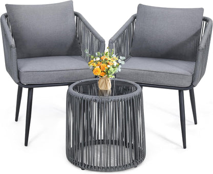 Kromax 3 Pieces Patio Rattan Bistro Conversation Set, Outdoor All-Weather Wicker Furniture Chairs