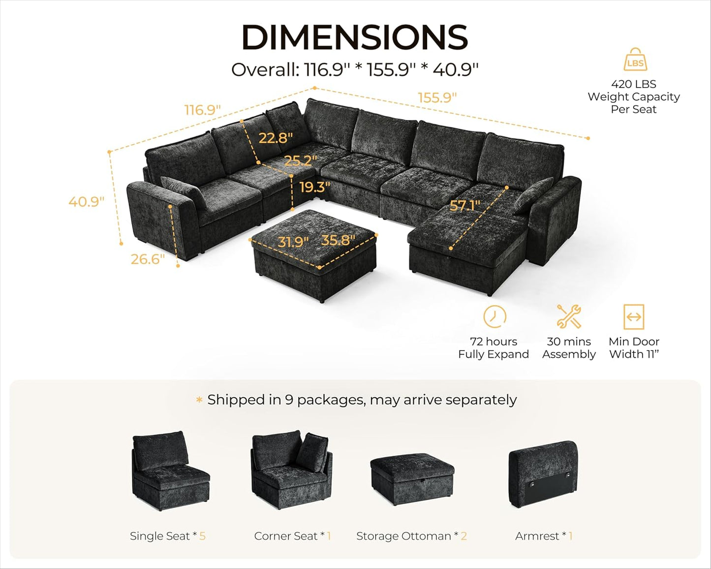 Oversized Modular Sofa Comfy Cloud Couch with Storage, Extra Deep Plush Sectional Sofa Set for