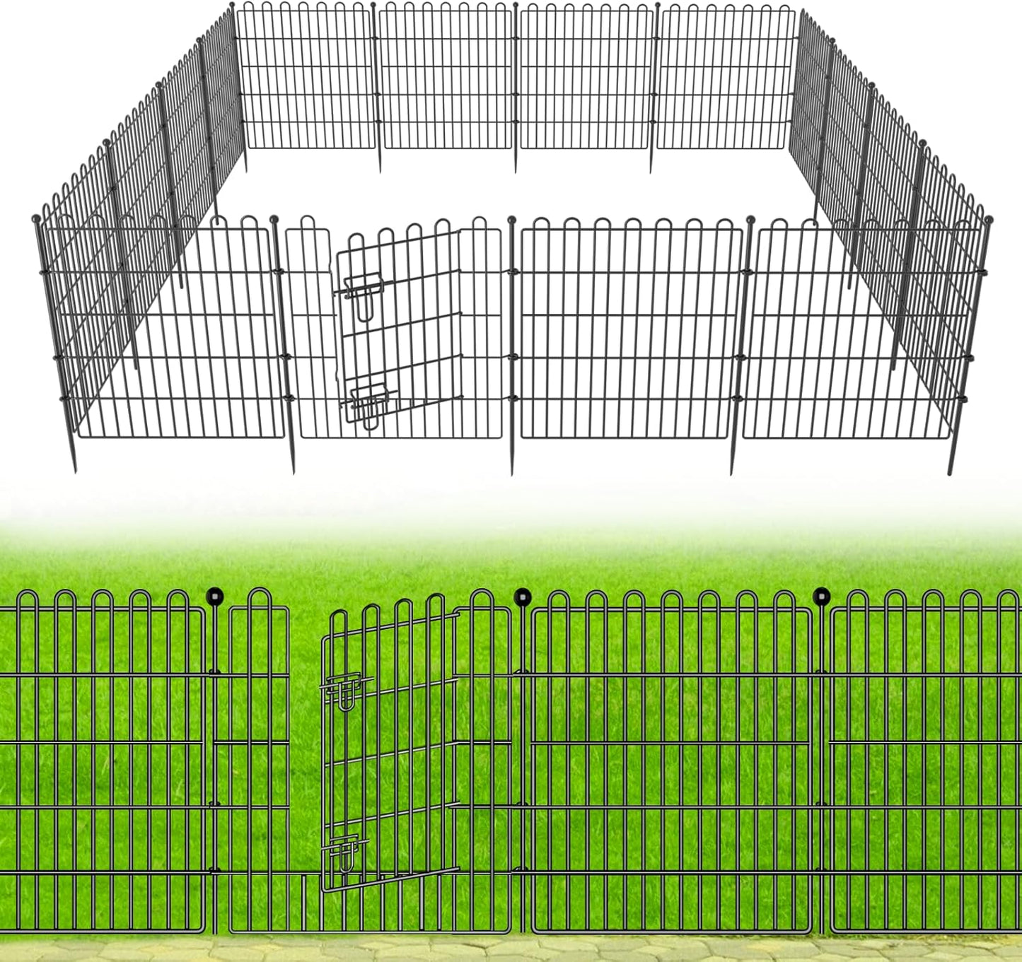 10 Panels No Dig Decorative Garden Fence with Gate for Yard, 24 in(H) X 20 ft(L) Animal Barrier