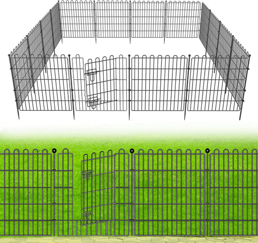 10 Panels No Dig Decorative Garden Fence with Gate for Yard, 24 in(H) X 20 ft(L) Animal Barrier