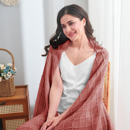 inhand Knitted Throw Blankets for Couch and Bed, Soft Cozy Knit Blanket with Tassel, Coral Pink