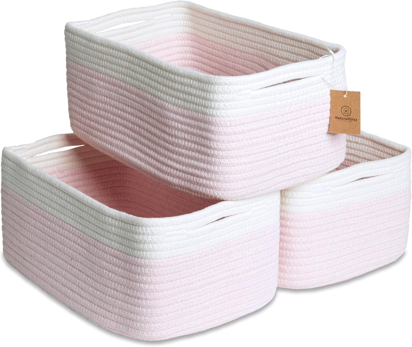 NaturalCozy 13.5”x8.5”x5.5” Rectangle Storage Baskets for Shelves 3 Pack | Cotton Rope Woven Small