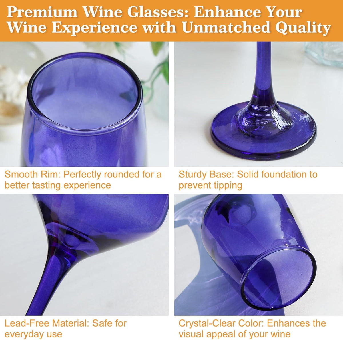 Purple Wine Glasses Set of 6-14oz Long Stem Wine Glass, Pretty Crystal Glassware, Hand Blown