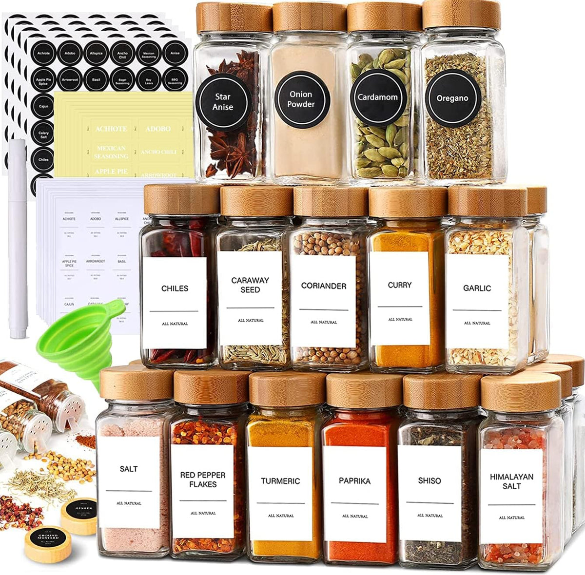 Set of 24 Glass Spice Jars with Various Labels, Bamboo Shaker Lids & Funnel, Kitchen Storage Jars