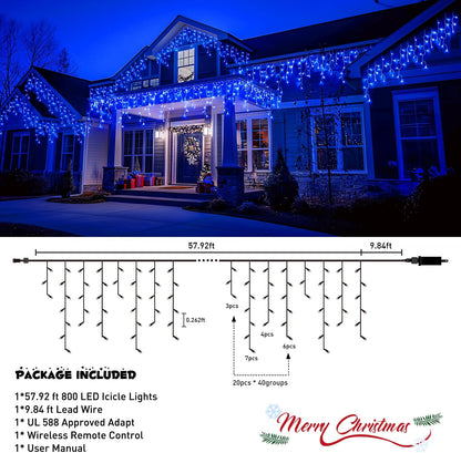 JMEXSUSS 800 LED Blue Icicle Christmas Lights Outdoor, Icicle Lights for Outside with 160 Drops