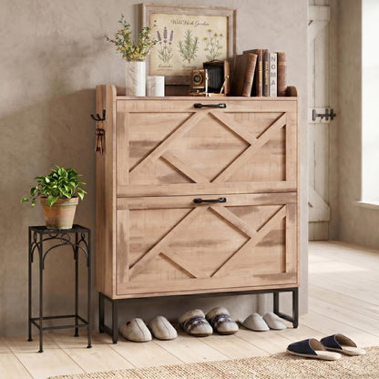 Nicetree Shoe Storage Cabinet with 2 Flip Drawers, Entryway Organizer, Oak