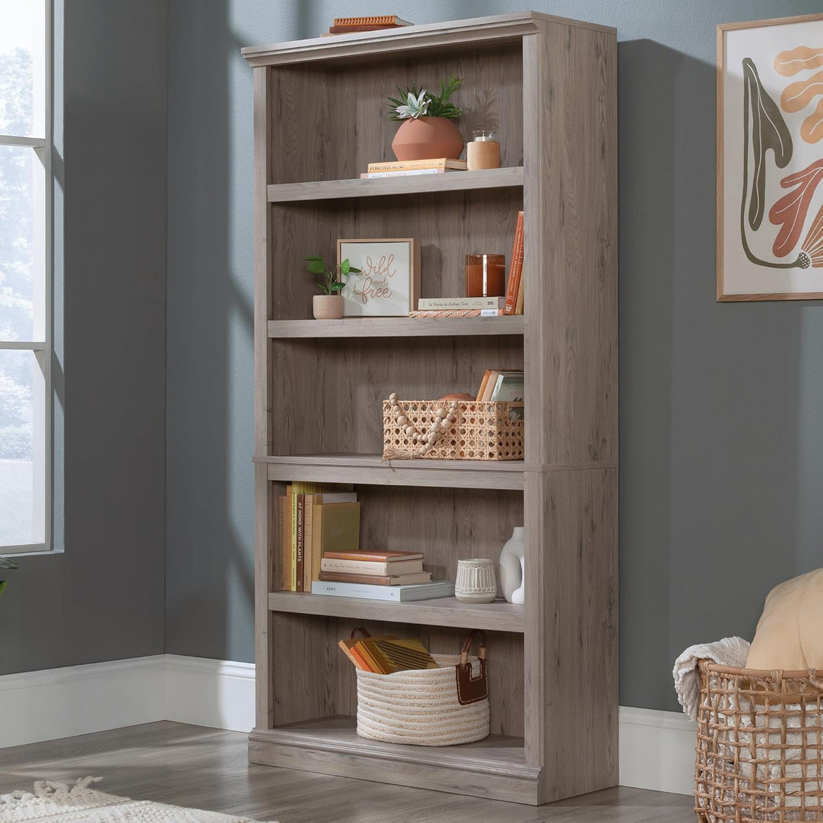 Sauder 5 Tier Book Shelf Wooden Bookcase Multipurpose Bookshelf for Home Office, Living Room, in