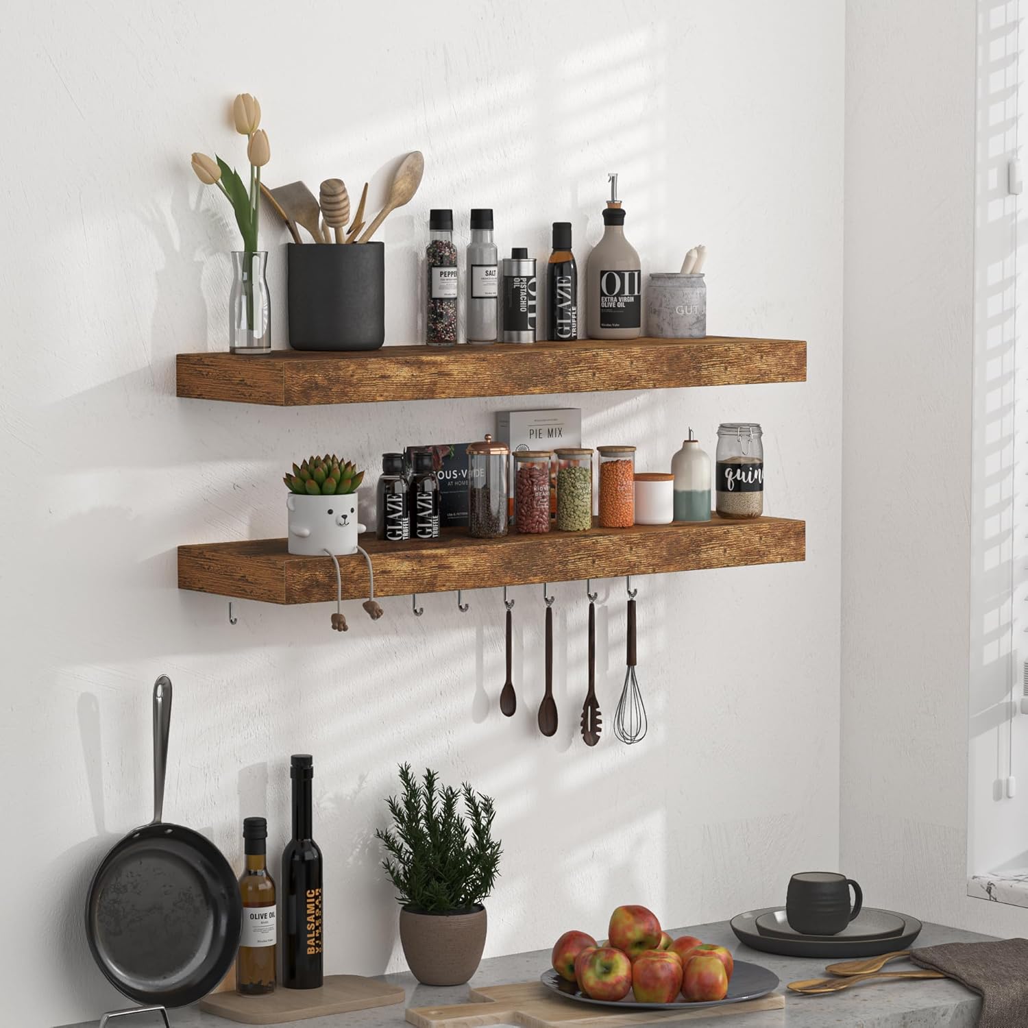 Floating Shelves - 2 Pack 9 Inch Rustic Wooden Wall Shelves - Extra Deeper & Thicker Wall Mounted