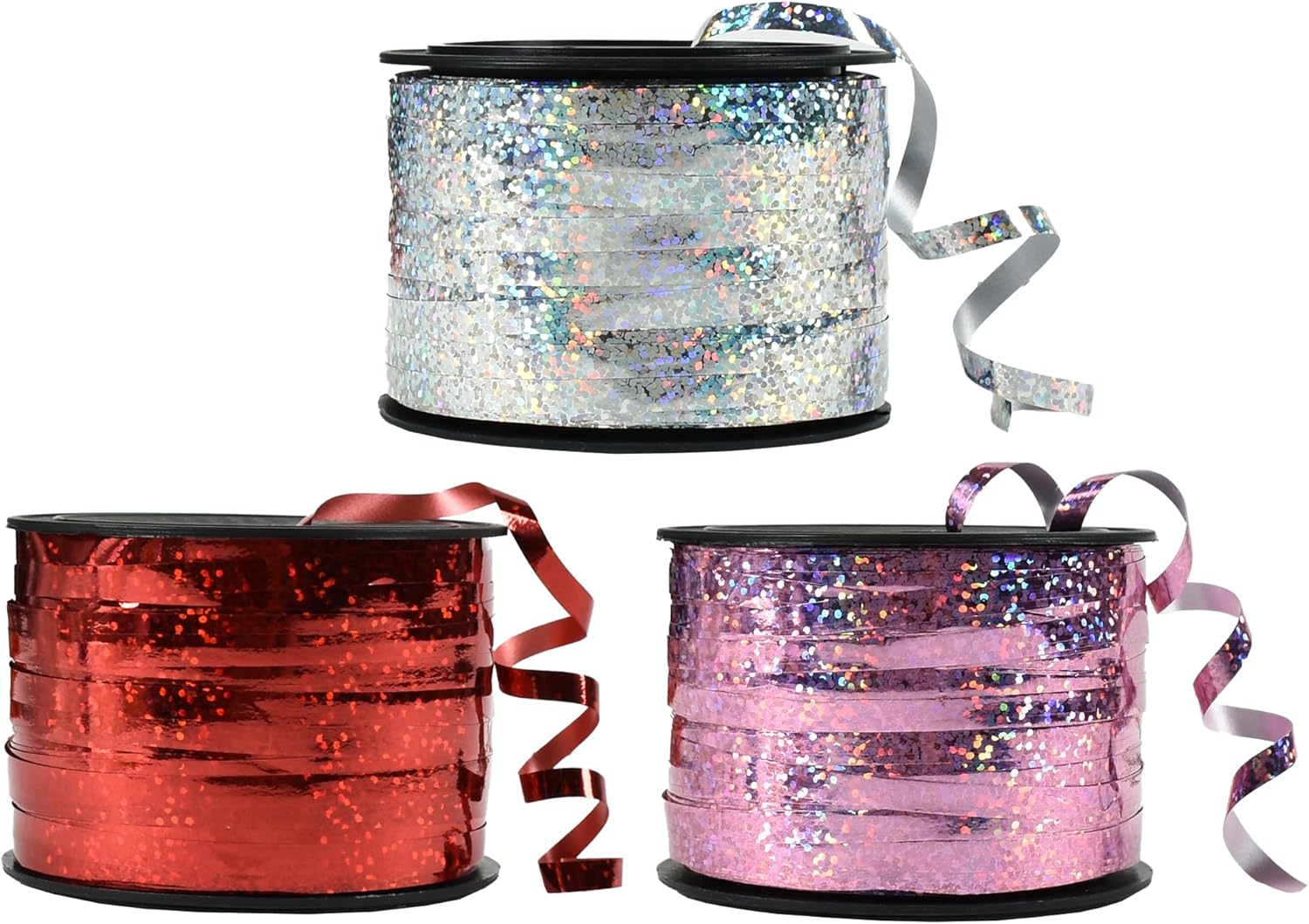 BEISHIDA Red Pink Silver Curling Ribbons Balloon String Ribbons - 3 Pack 100 Yards for Gift