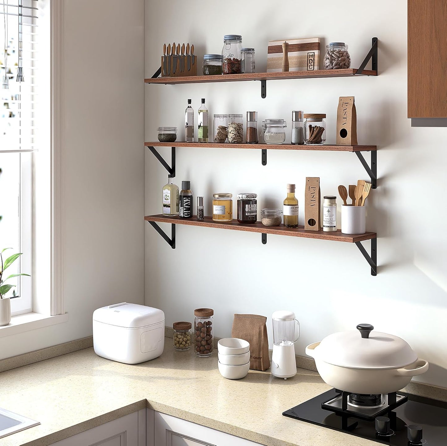 Heimlove Floating Shelves for Wall, 36 Inch Long Wood Floating Bookshelf Set of 3, Wall Mounted