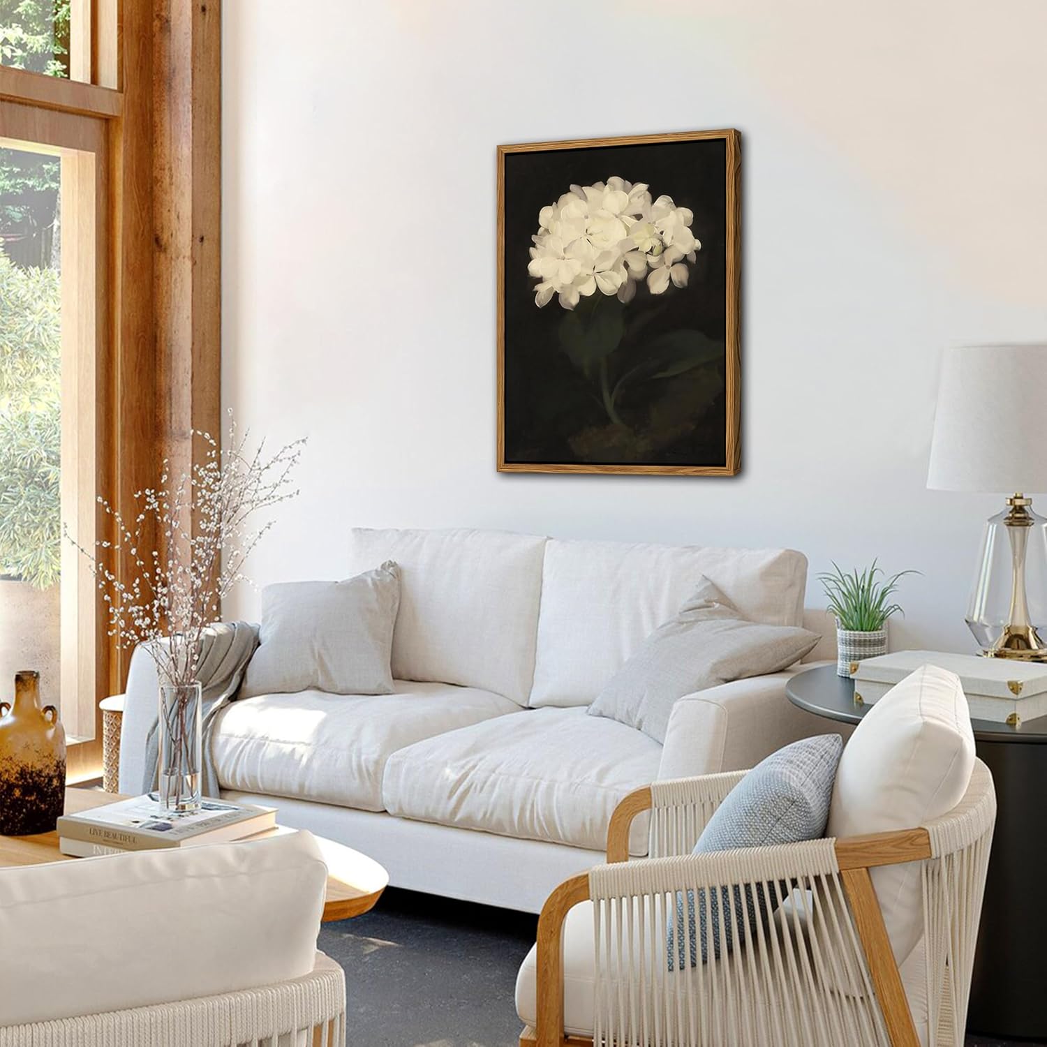 Framed Wall Art for Living Room – Vintage White Hydrangea Oil Painting Canvas Prints, Aesthetic