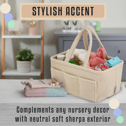 Baby Diaper Caddy Organizer – Soft Beige Sherpa with 3 Removable Compartments & 6 Side Pockets