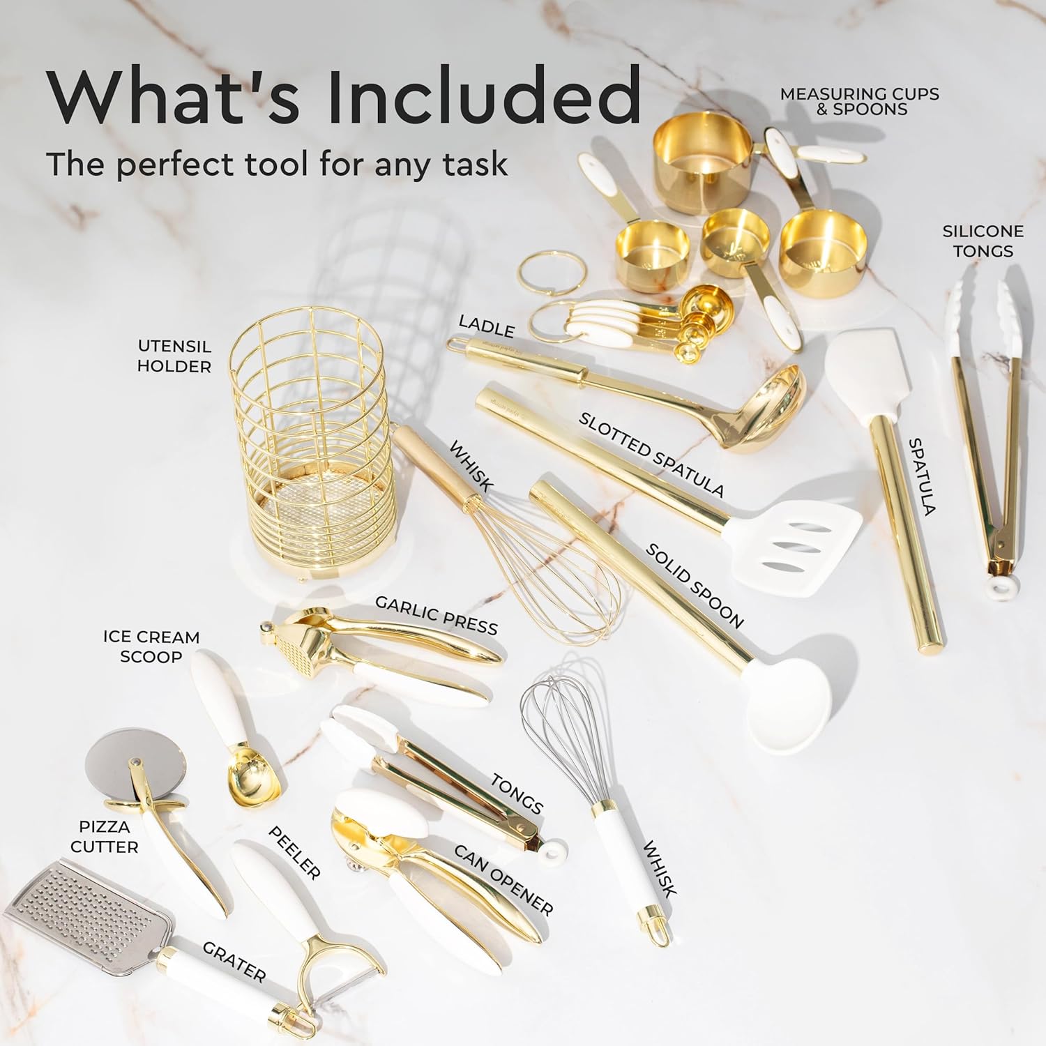 White and Gold Kitchen Utensils Set - 23-Piece Gold Kitchen Accessories Include Measuring Cups and