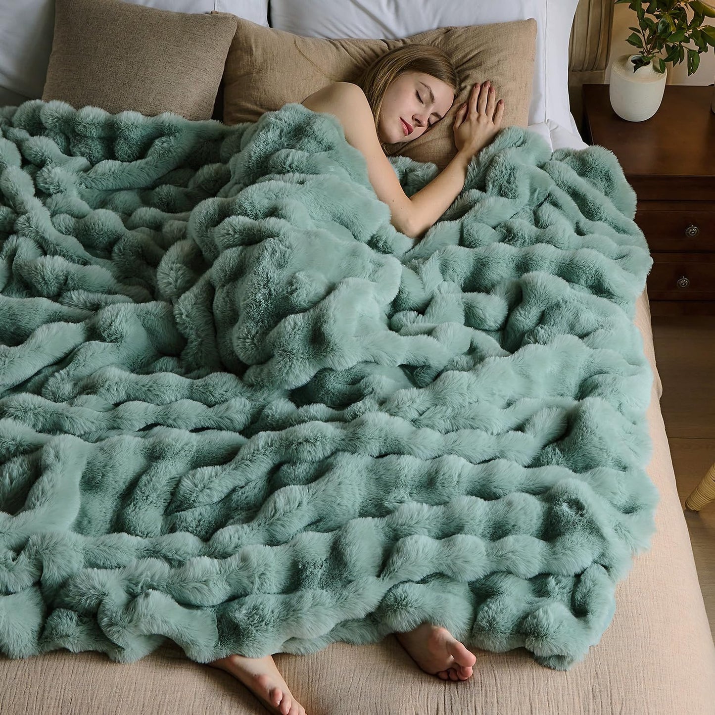 Lotus Karen Faux Fur Throw Blanket Sage Green - Big Bubble Rabbit Fluff Blanket for Couch Bed
