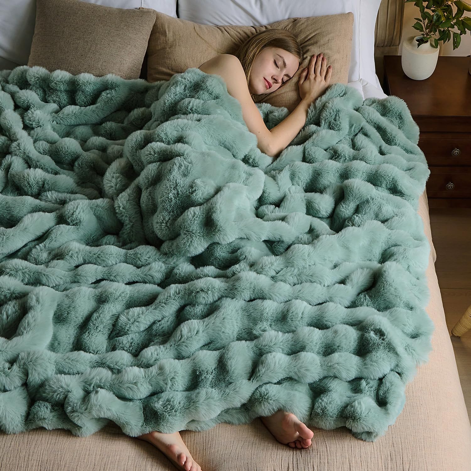 Lotus Karen Faux Fur Throw Blanket Sage Green - Big Bubble Rabbit Fluff Blanket for Couch Bed