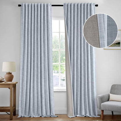 MIULEE Light Blue 100% Blackout Linen Curtains 84 Inch 2 Panels Set Double Sided No Coating Pleated