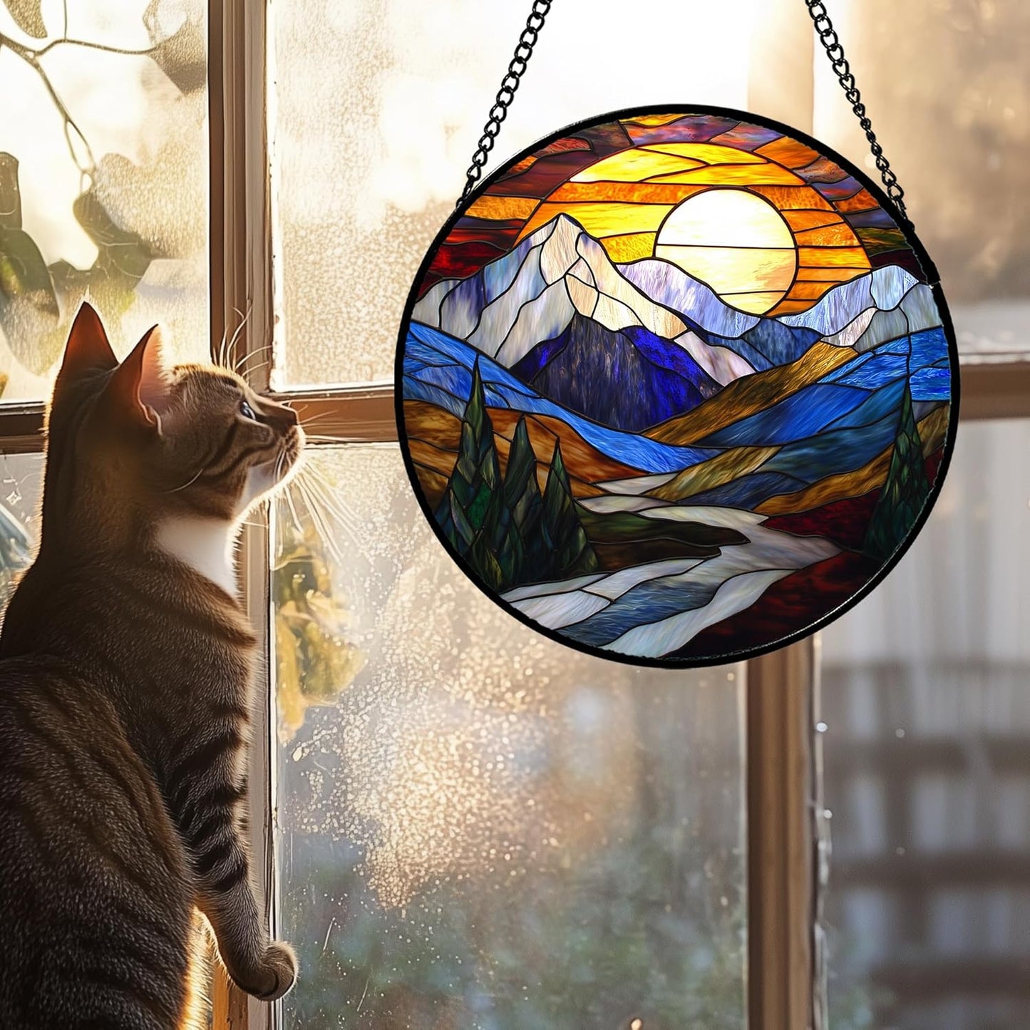 Stained Glass Window Hanging, Yellow Blue Sunset Mountains Scenery Sun Catcher for Window Home