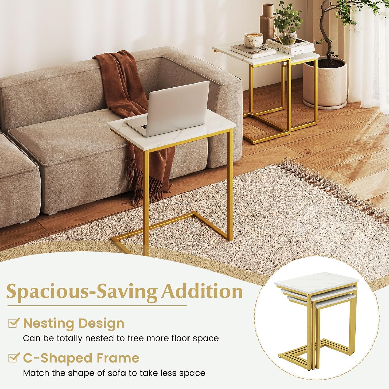 Giantex Nesting Coffee Table Set of 3, Stackable Square End Table w/Faux Marble Tabletop &