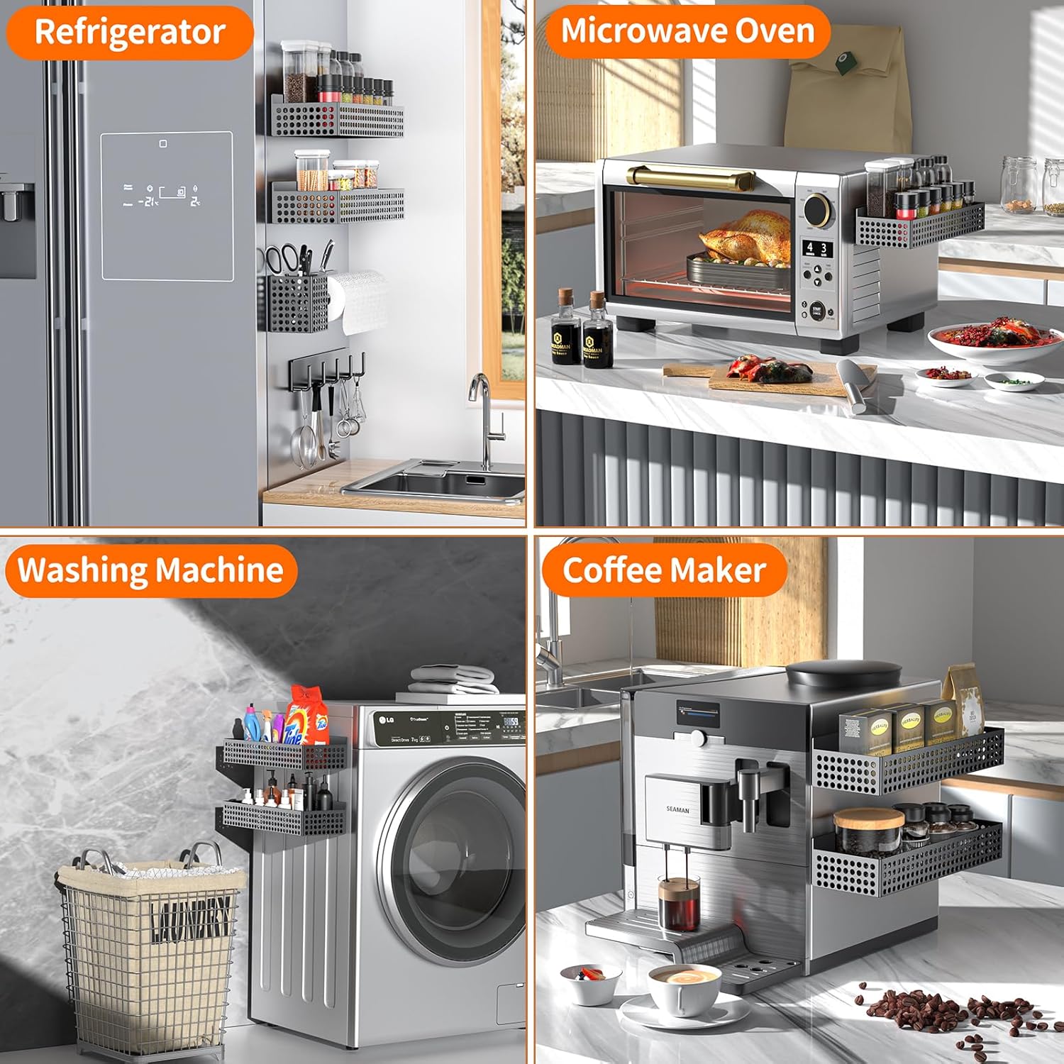 Magnetic Spice Rack for Refrigerator 2 Tiers and Paper Towel Holder and Utensil Holder, Magnetic