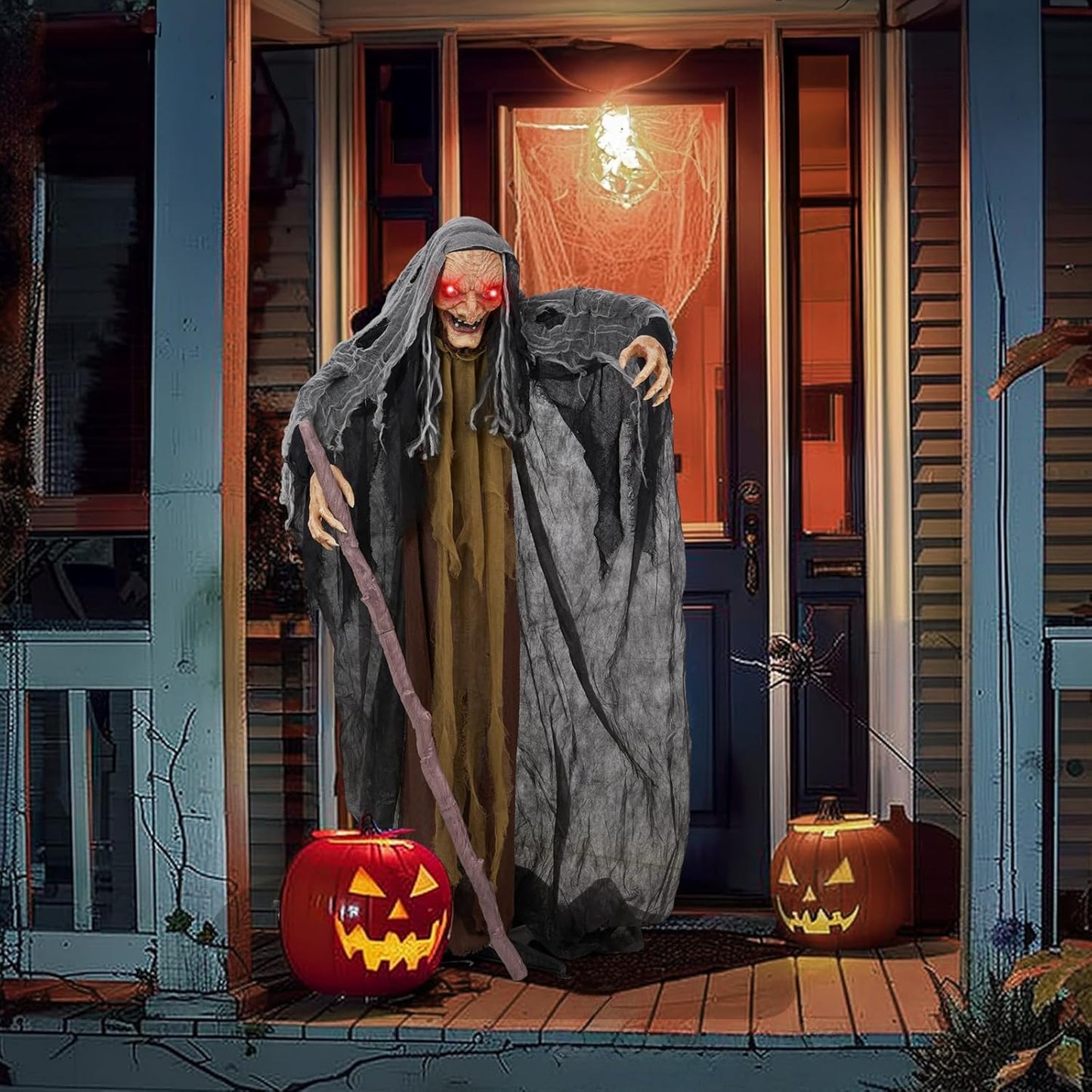 AW Animated Halloween Decorations,Scary Witch with Crutch,5.3FT Life Size Standing
