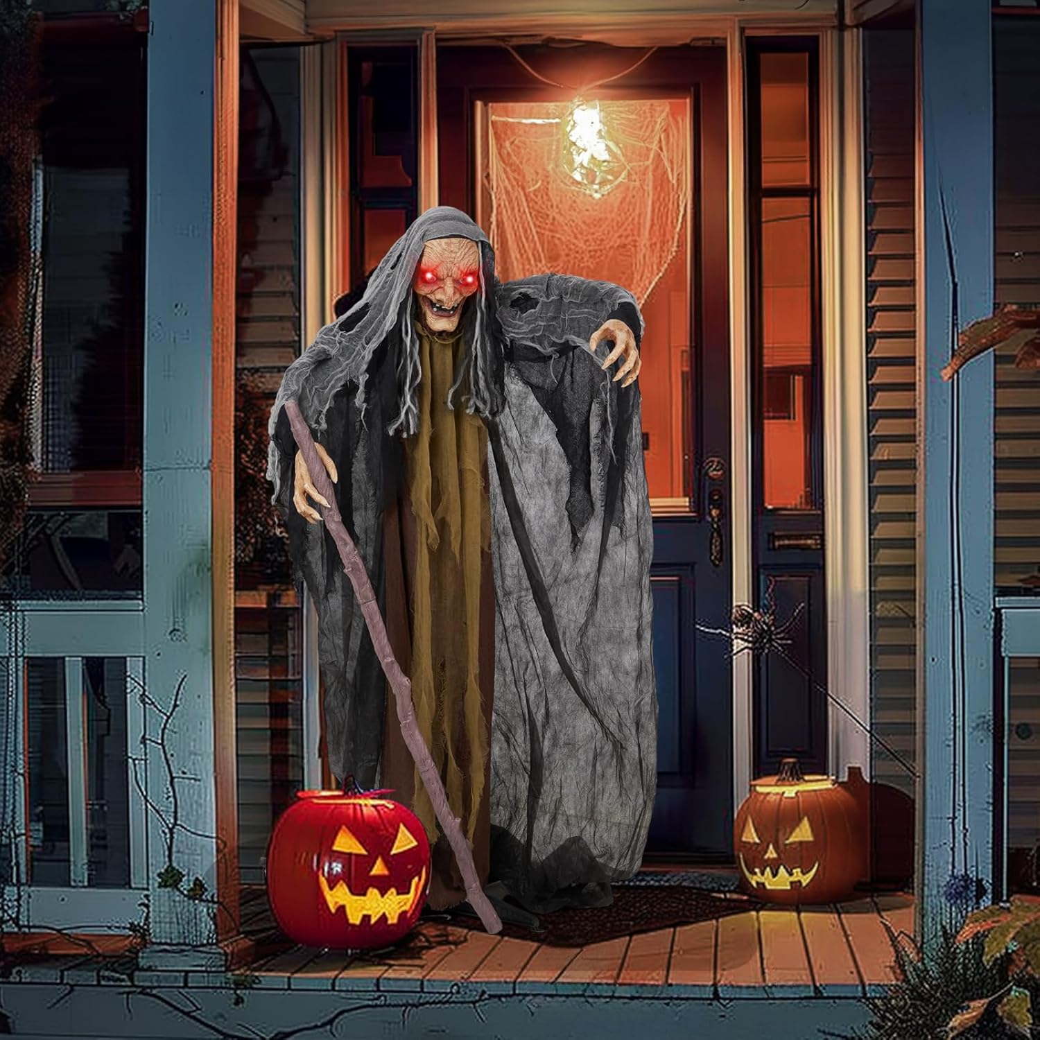 AW Animated Halloween Decorations,Scary Witch with Crutch,5.3FT Life Size Standing