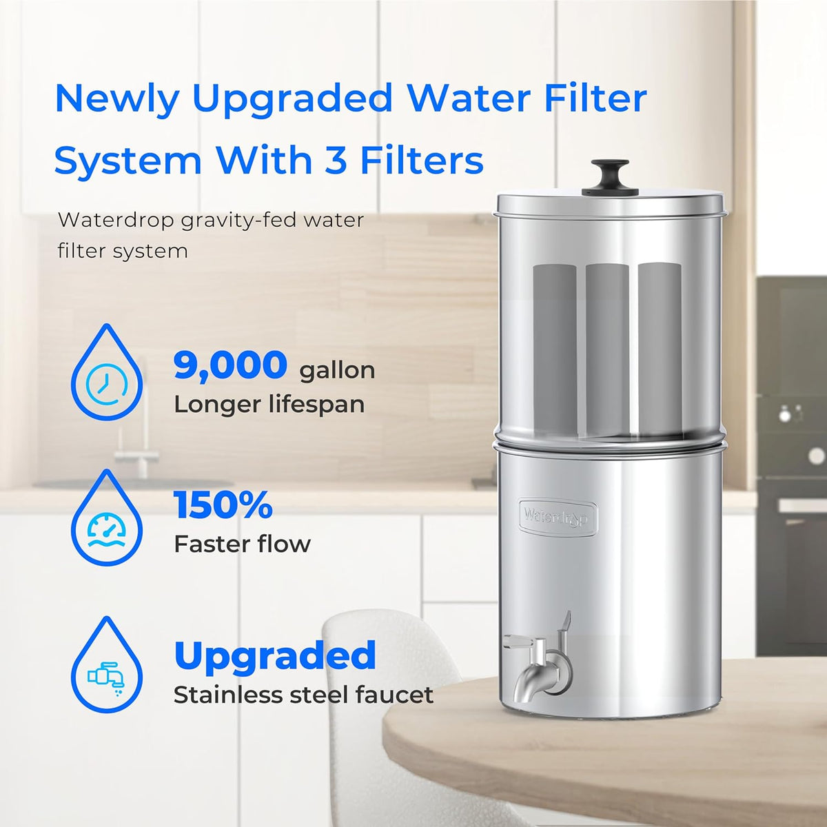 Waterdrop Gravity-fed Water Filter System, with Upgrade 3 Black Carbon Filters and Metal Spigot